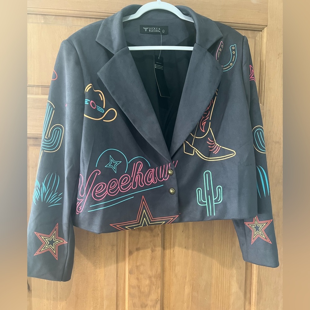 Lucky & Blessed Western Blazer - Black with Multicolor Designs